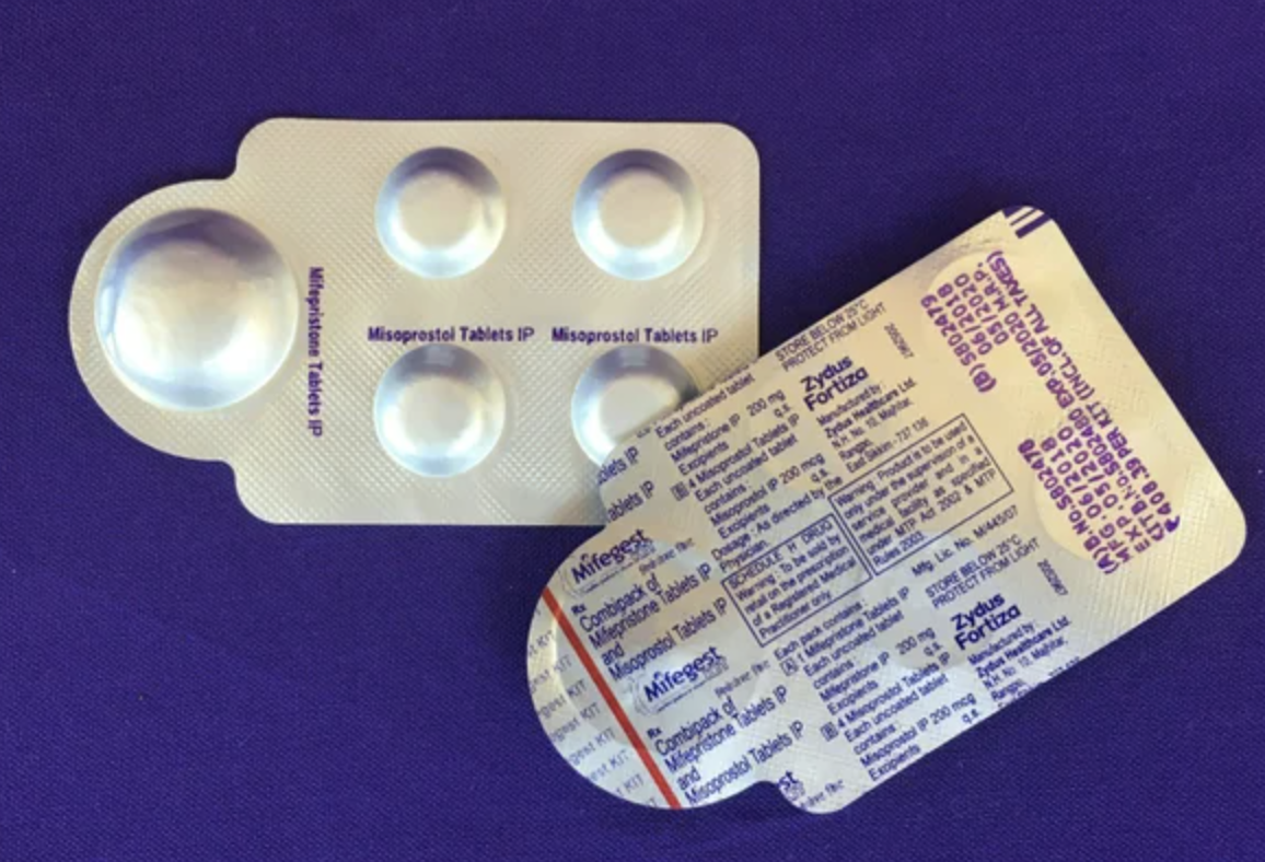 Combination pack of mifepristone (L) and misoprostol tablets, two medicines used together, also called the abortion pill.