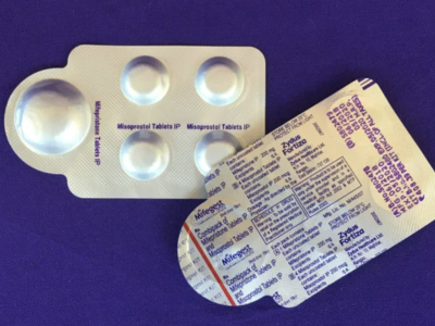 Combination pack of mifepristone (L) and misoprostol tablets, two medicines used together, also called the abortion pill.